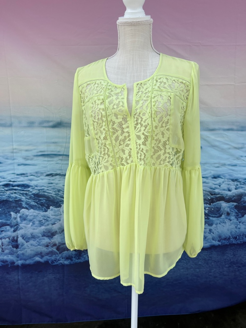 Stylus sheer fairy cottage  floral laced lemon green long balloon sleeve blouse